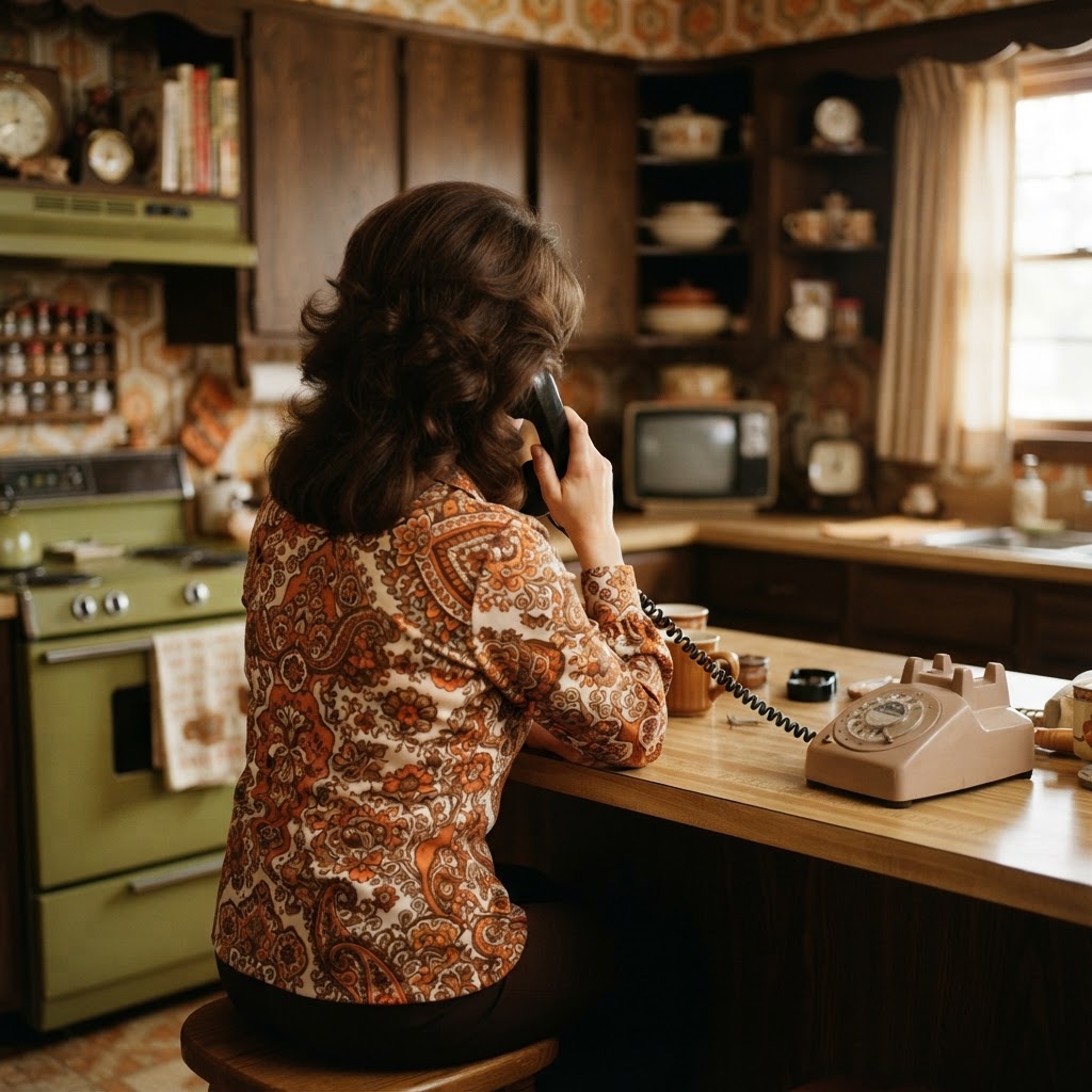 The back of a woman's head as she uses a 1970s rotary dial telephone in a retro living room