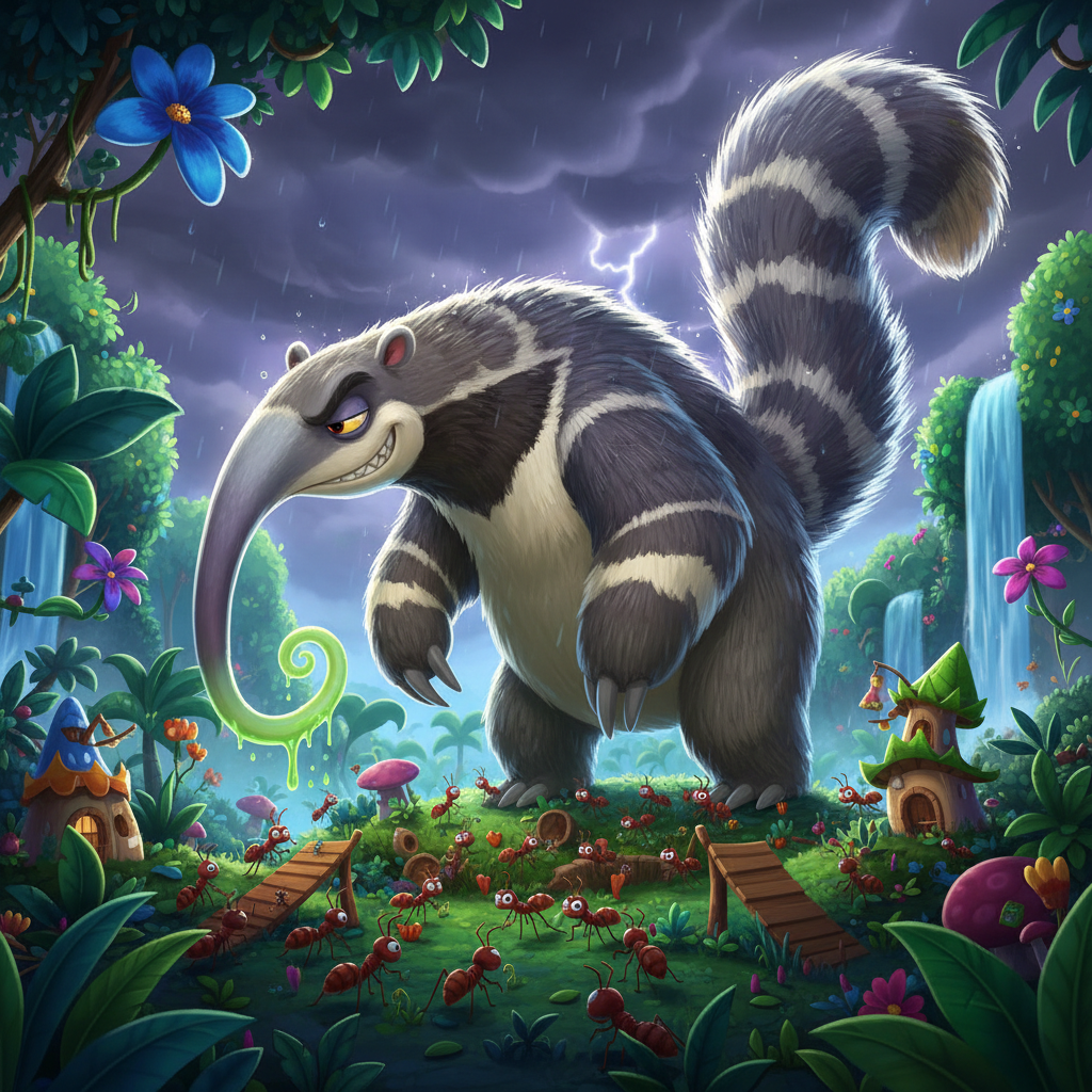 Menacing giant anteater looming over terrified ant village like Godzilla