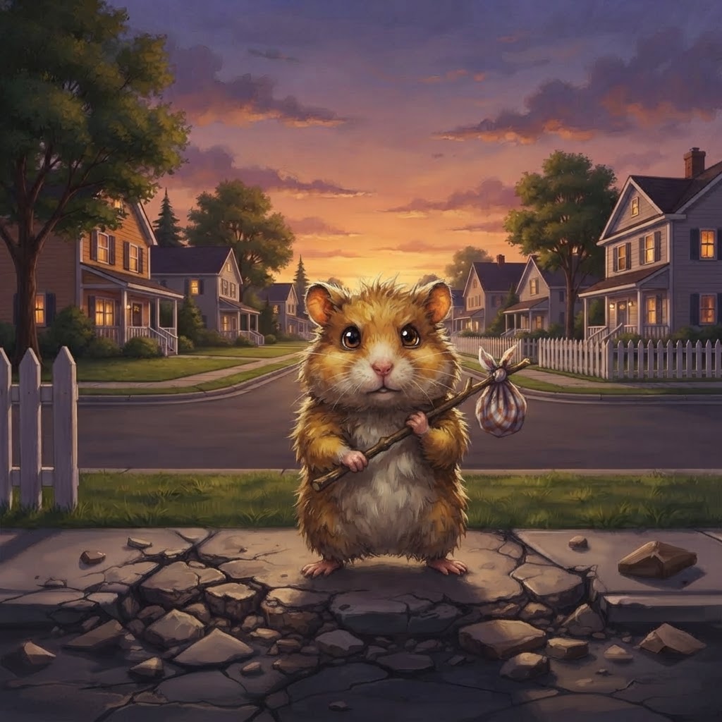 A determined scruffy golden-brown hamster standing upright on a crumbling suburban sidewalk at dusk with a tiny bindle