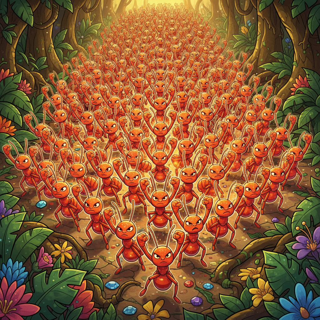 Millions of vivid orange ants marching through rainforest