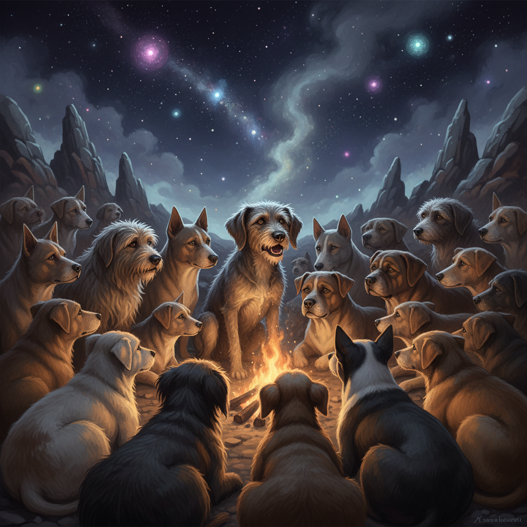 Dogs cuddled together listening to Mutt's stories
