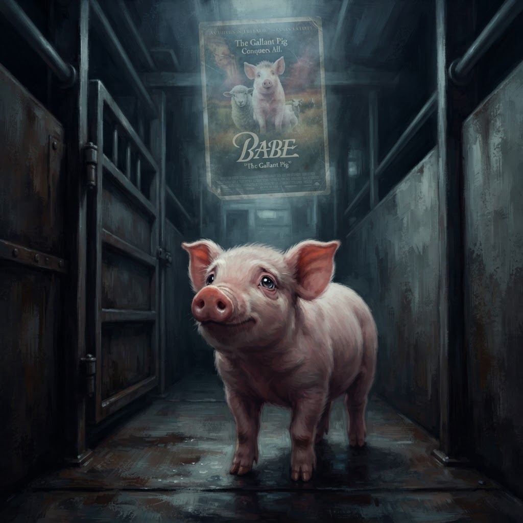 The pig, matching his prior appearance, with a wistful expression, a ghostly movie poster floating above him