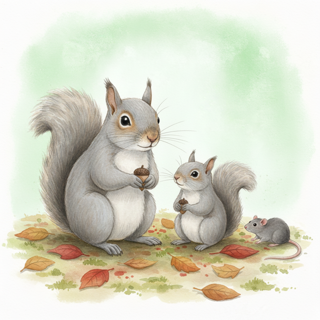Father and son squirrels side by side with a rat nearby in an autumn yard