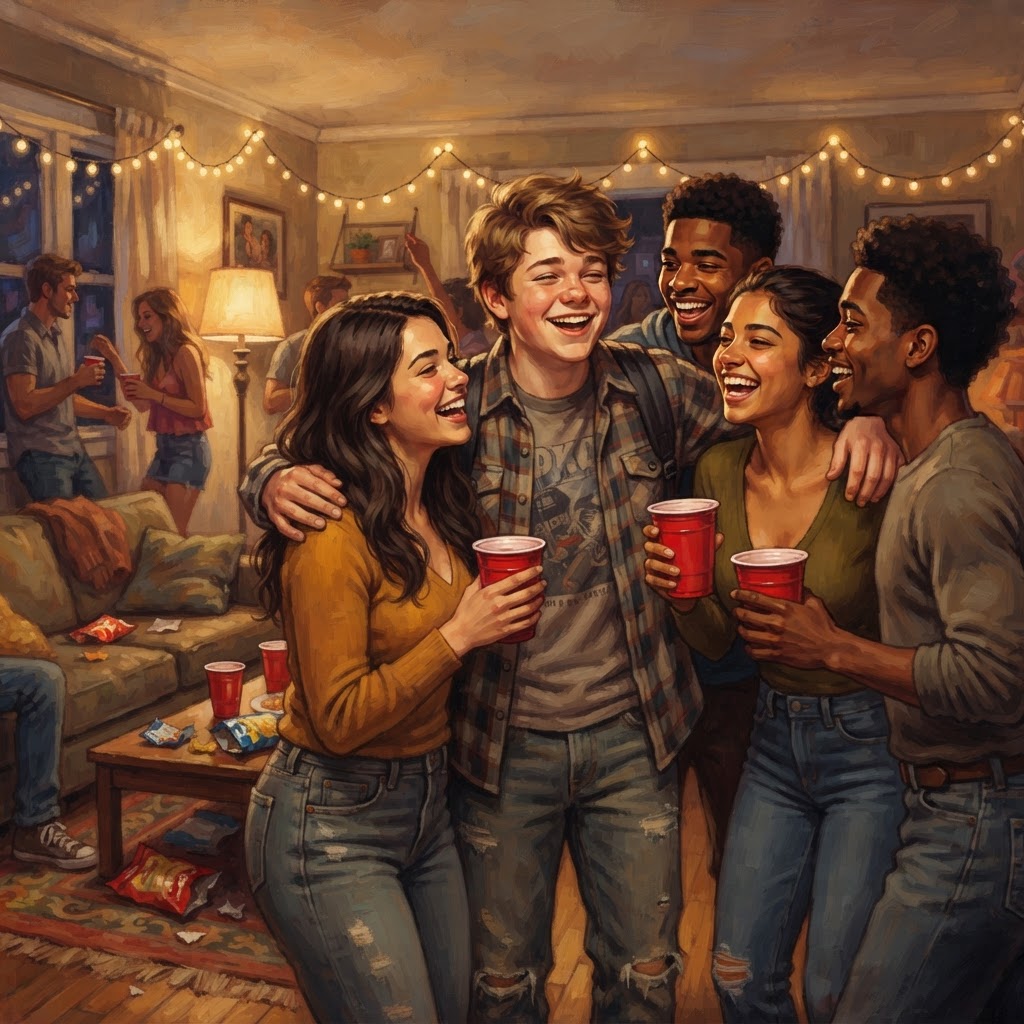 Teen laughing with friends at a lively house party