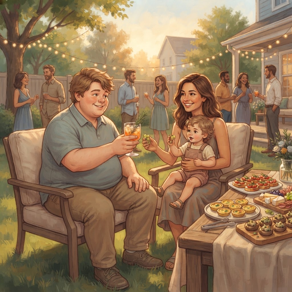 Heavier man holding a cocktail at a suburban backyard gathering with wife and child