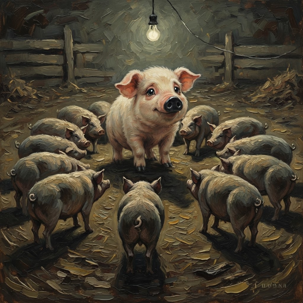 Cute pig 3144 with black snout gathering other pigs in a huddle under a dim bulb