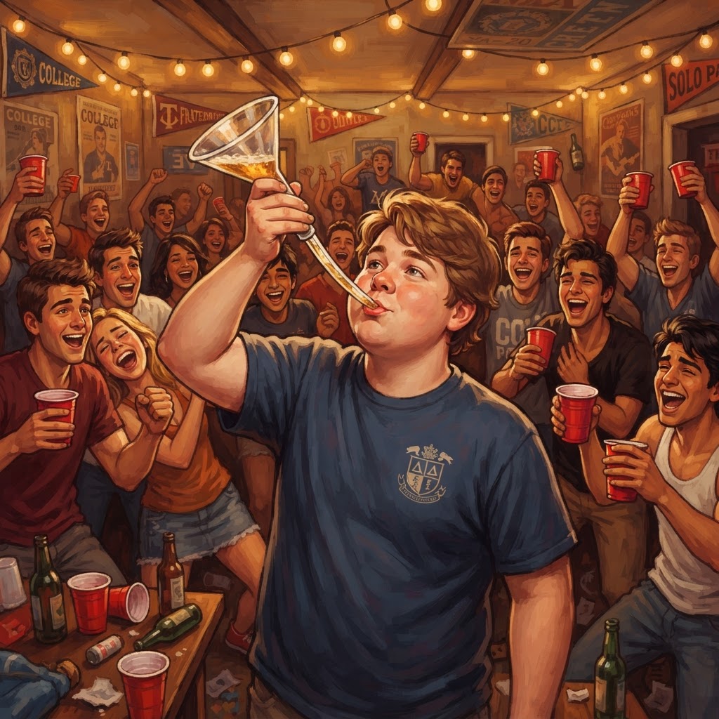 Young man using a beer bong at a fraternity party