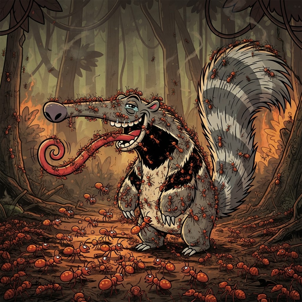 Fire ants stinging anteater who sticks out red tongue defiantly