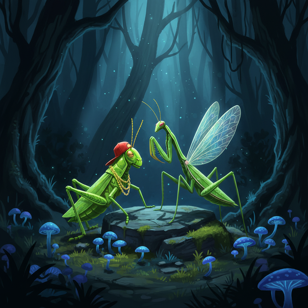 Hip-hop grasshopper and elegant praying mantis in close conversation on a mossy stone in a very dark forest