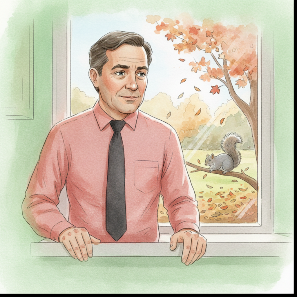 Middle-aged man in pink shirt and dark tie staring obsessively out the kitchen window at a squirrel
