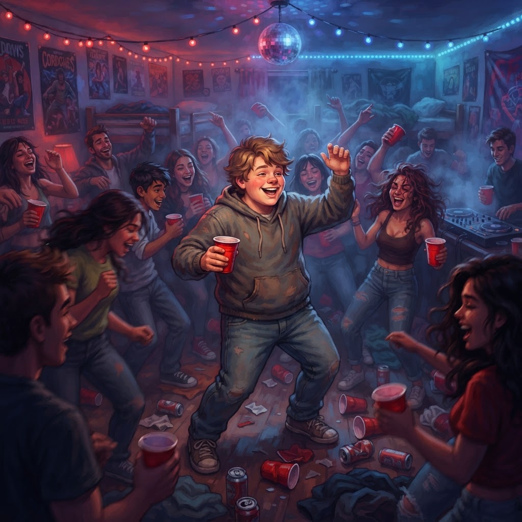 Young man dancing amid a wild college dorm party