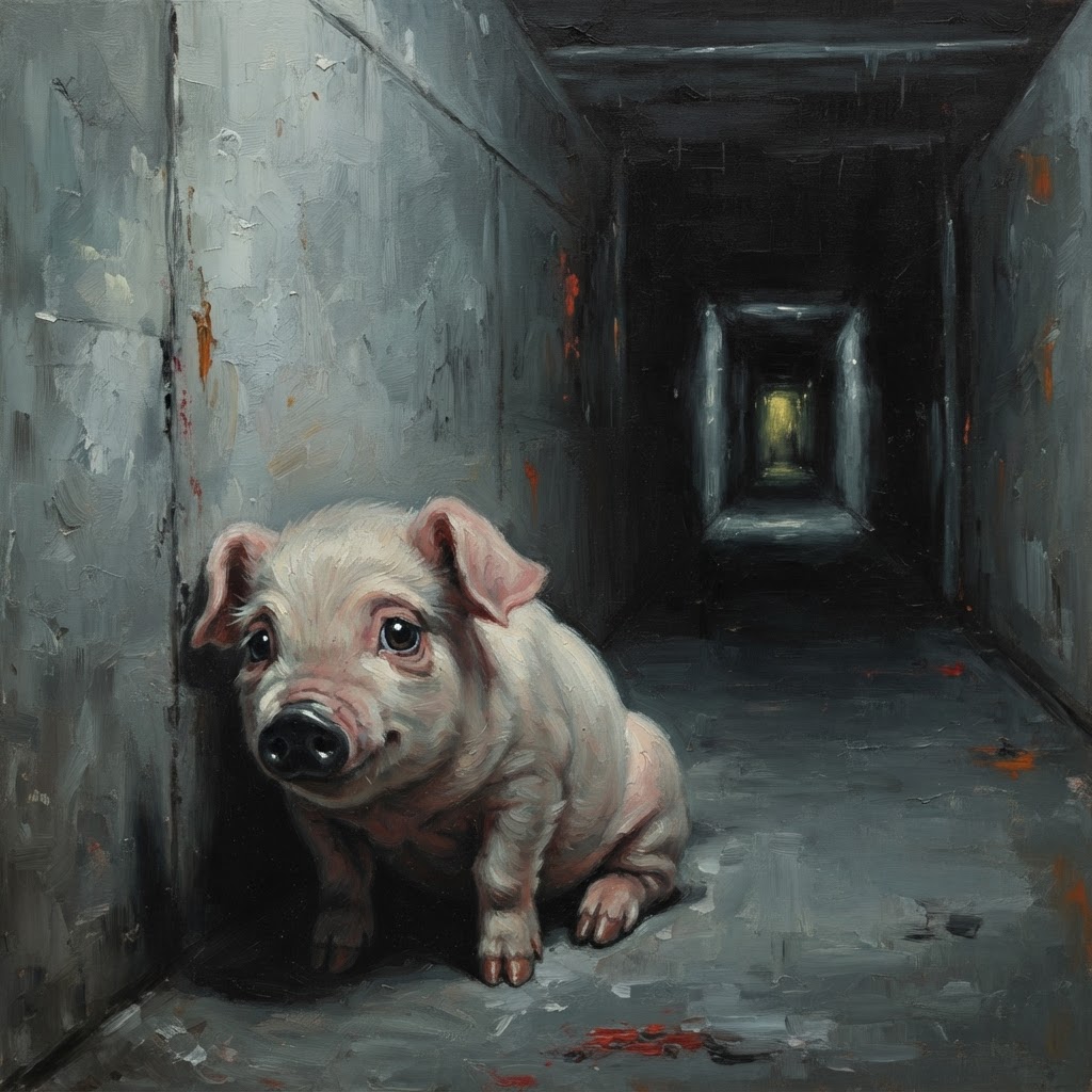 Cute pig with black snout slumped alone against concrete wall in a long empty corridor