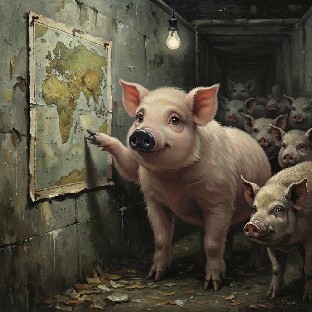 Cute pig with black snout pointing at a faded map on a factory farm wall, others watching
