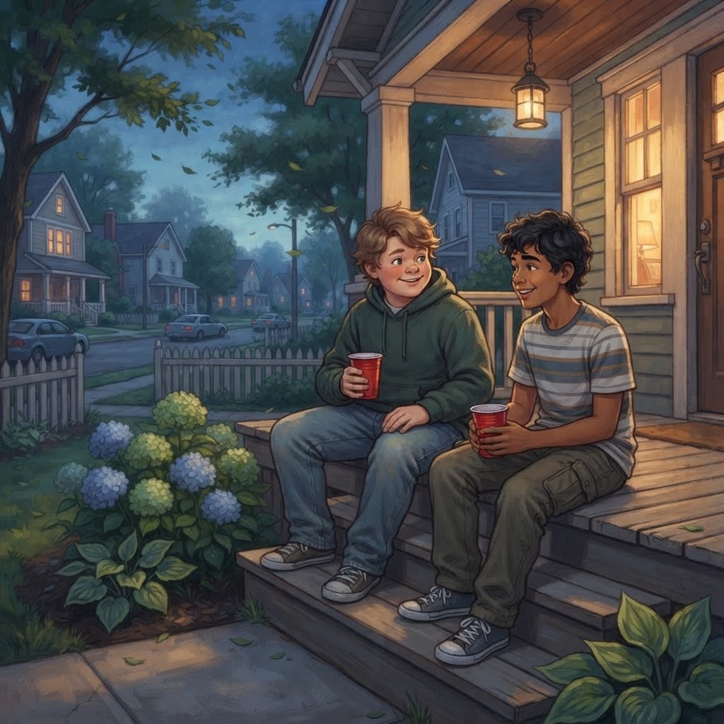 Teen boys casually holding cups on a porch step