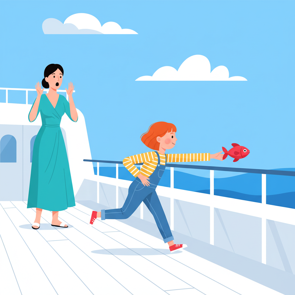 Jane sprinting across the cruise ship deck hurling the red plastic fish over the railing