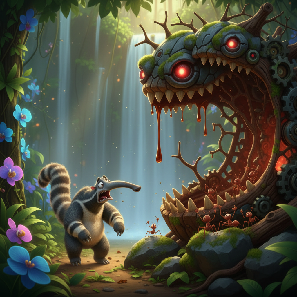 Tiny terrified anteater dwarfed by the enormous scary anteater-eater machine