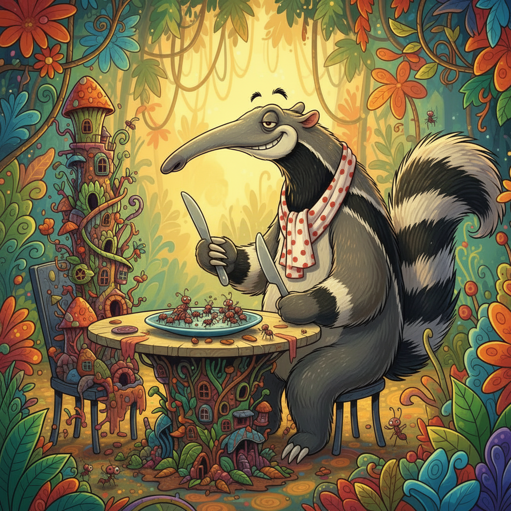 Smug anteater dining on a plate full of ants