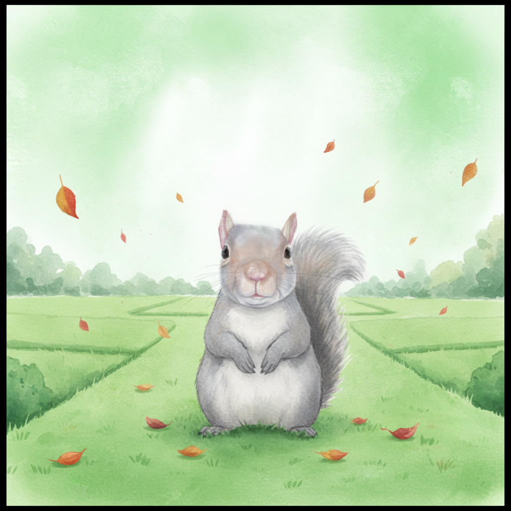 A plain grey squirrel sitting smugly in the middle of a neat suburban yard surrounded by many empty yards