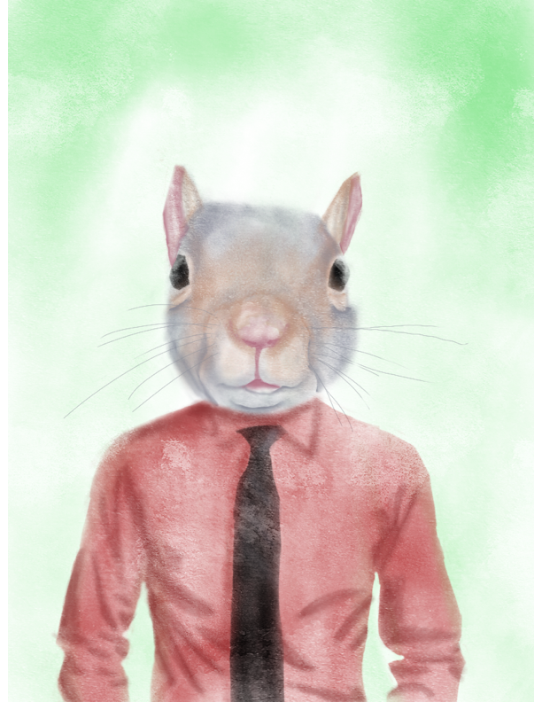 A man with a squirrel head wearing a pink shirt and dark tie — the transformation is complete