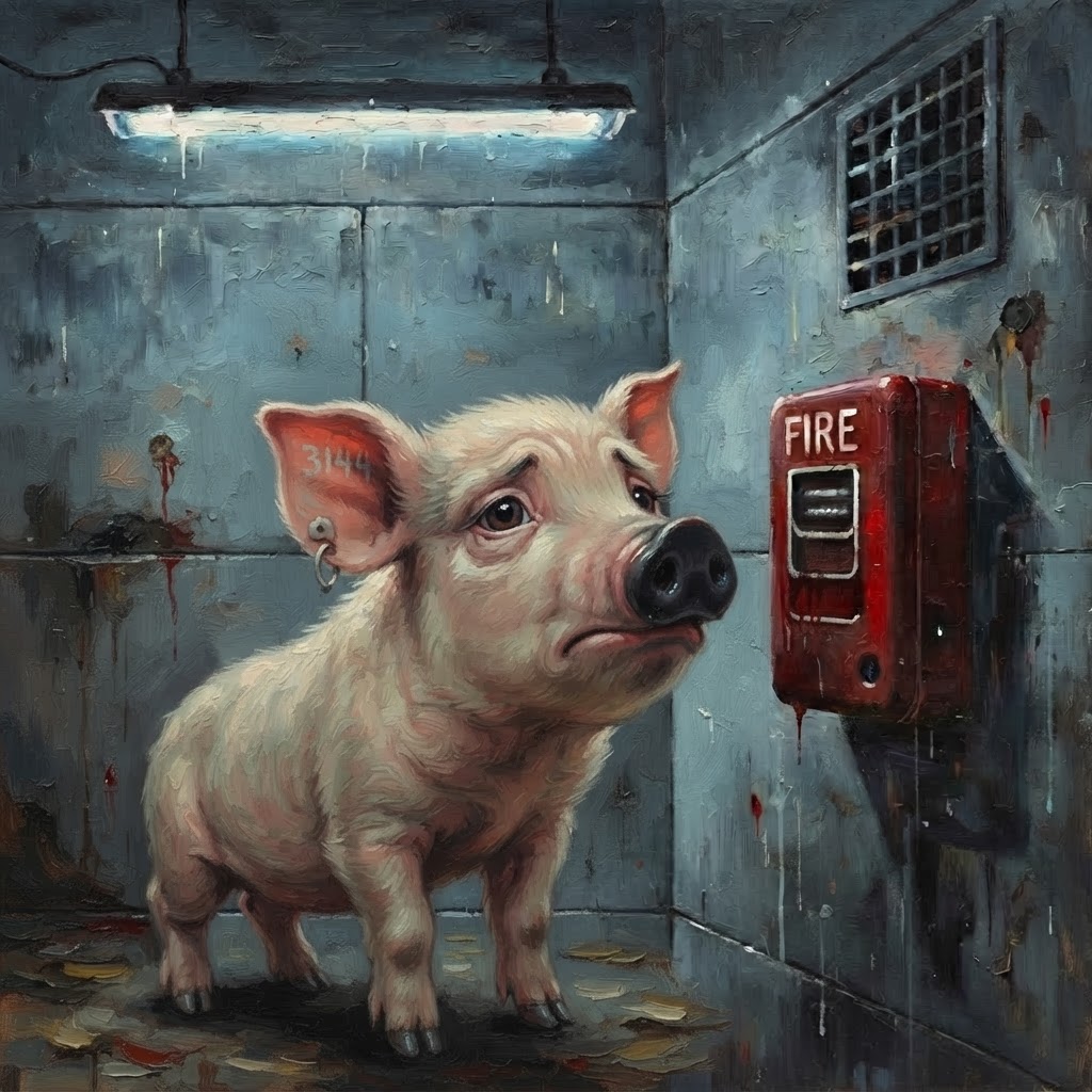 Cute, small, young pig 3144 with black snout, frowning and scared, pressing against a fire alarm on a factory farm wall
