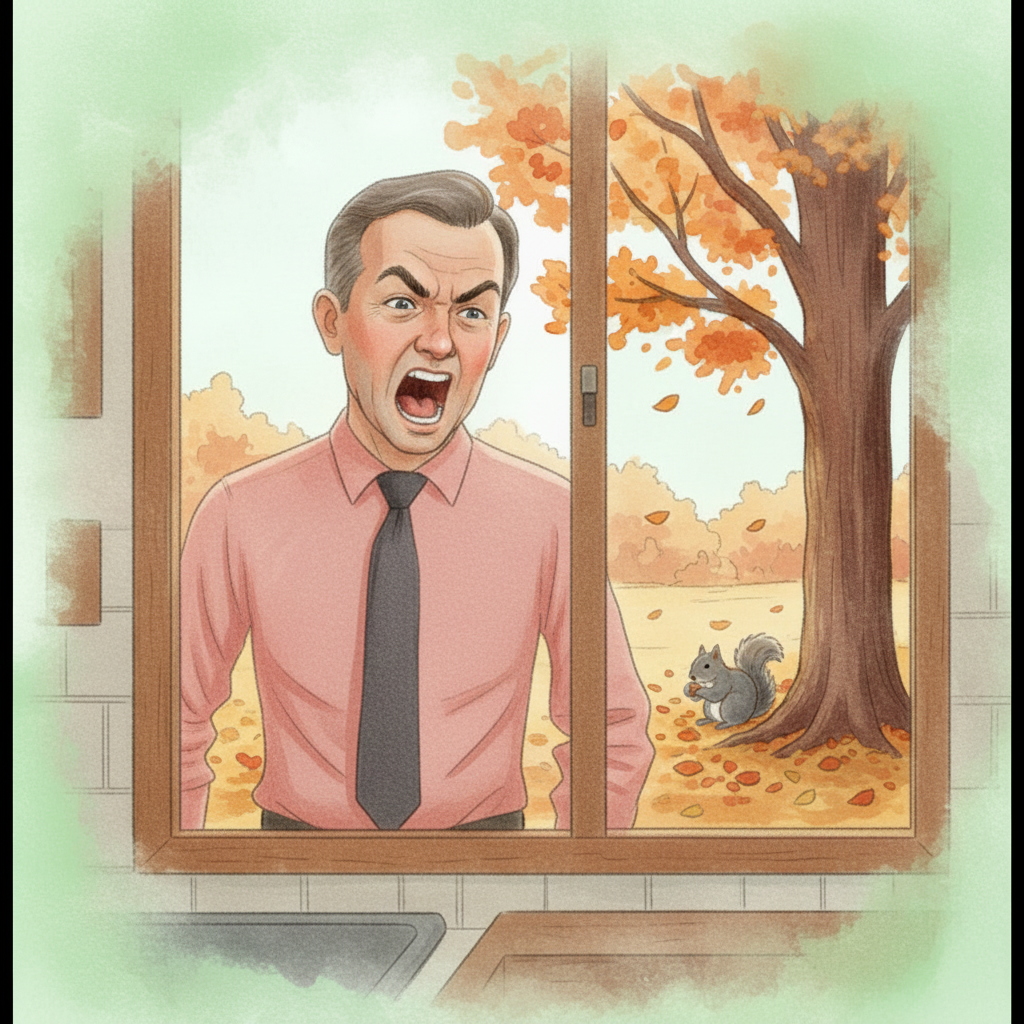 Middle-aged man in pink shirt leaning out of kitchen window shouting at a squirrel who ignores him