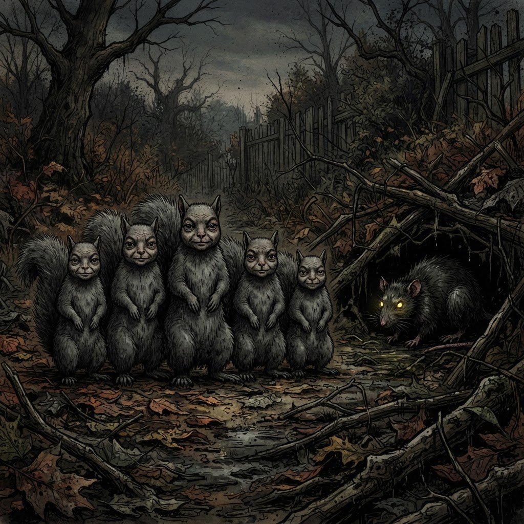 Squirrel family with human-like faces and a glowing-eyed rat lurking nearby