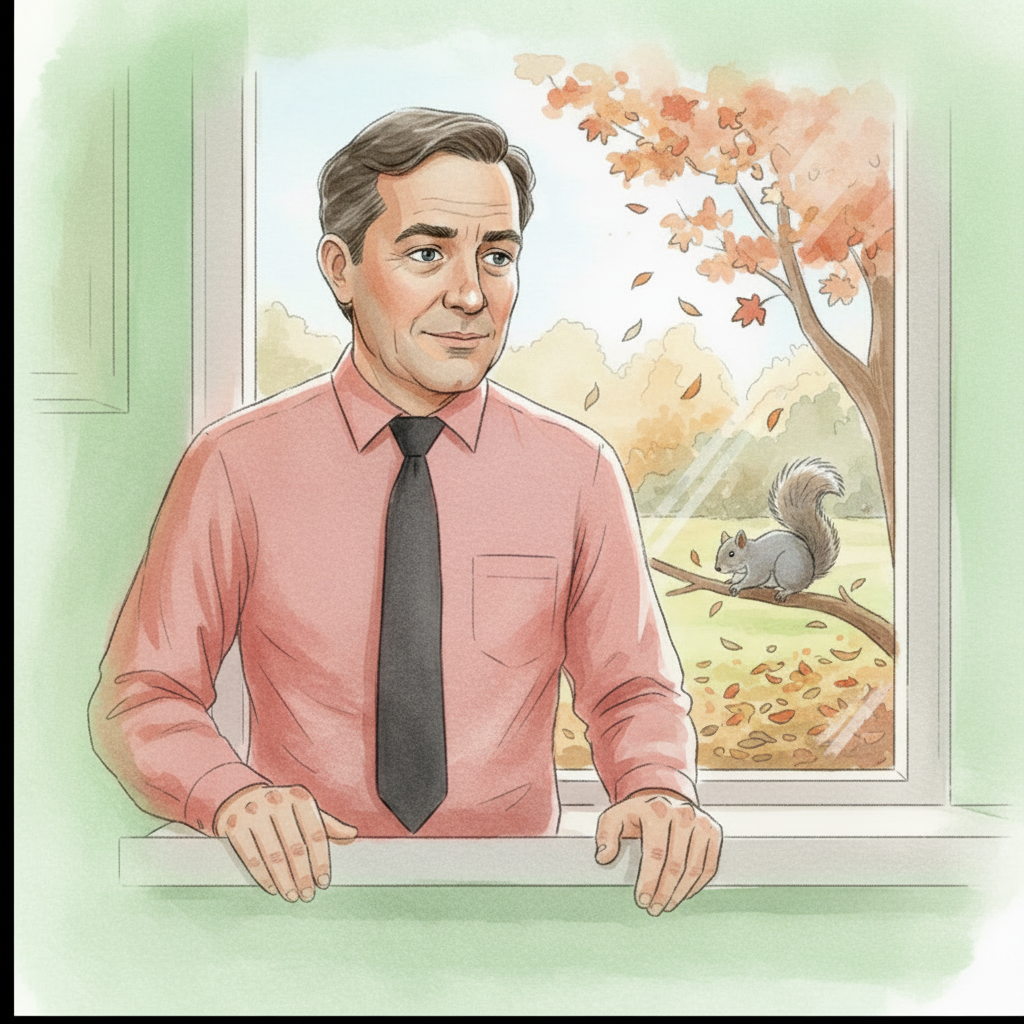 Middle-aged man in pink shirt standing inside kitchen looking out the window at a squirrel in the yard