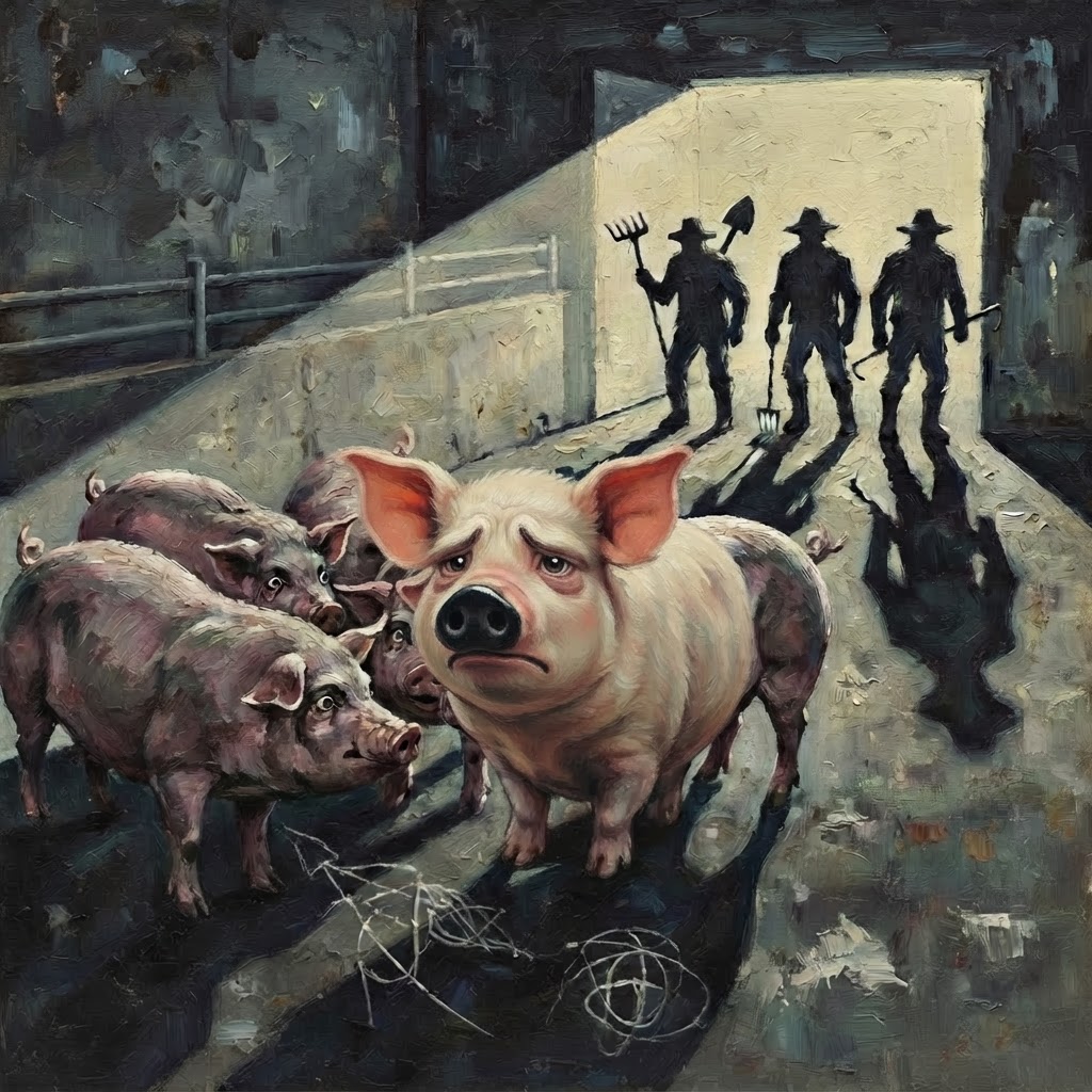 Cute pigs with black snouts planning excitedly as ominous farmer silhouettes approach in the doorway