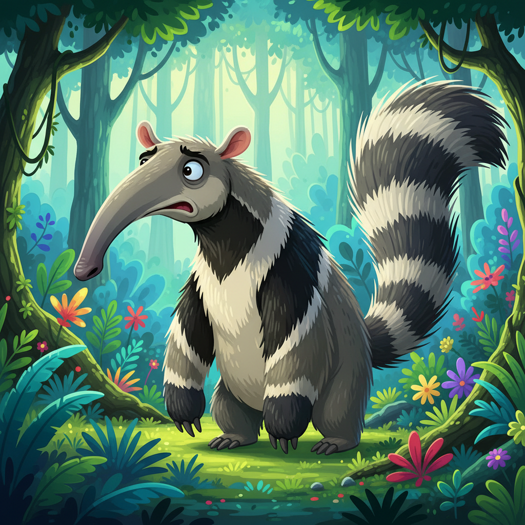 Enormous anteater stands alone confused in bright forest