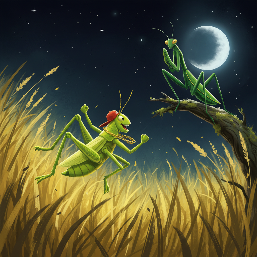 Hip-hop grasshopper mid-leap departing through tall grass at night, glancing back at the still mantis