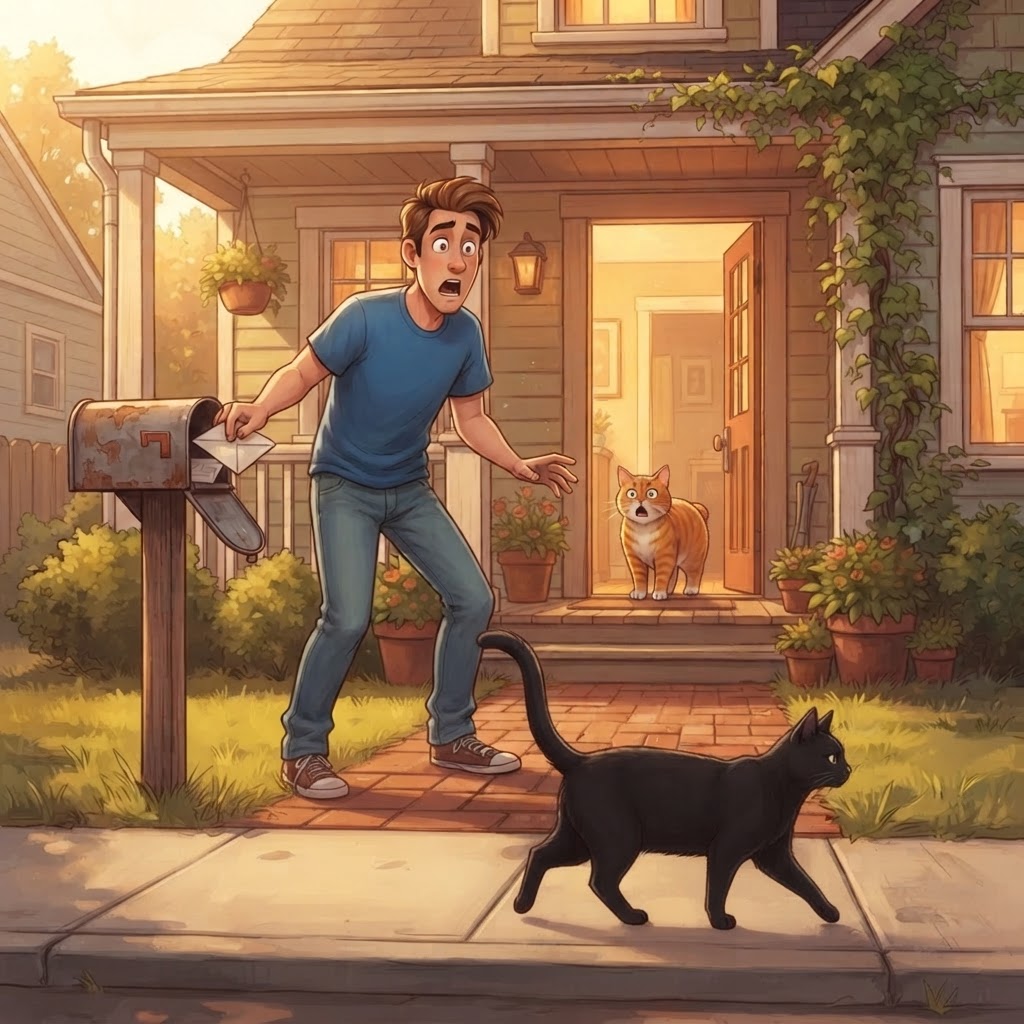 Friendly young owner shocked at mailbox, black tailed cat walking past, orange tailless cat sitting and shocked in doorway