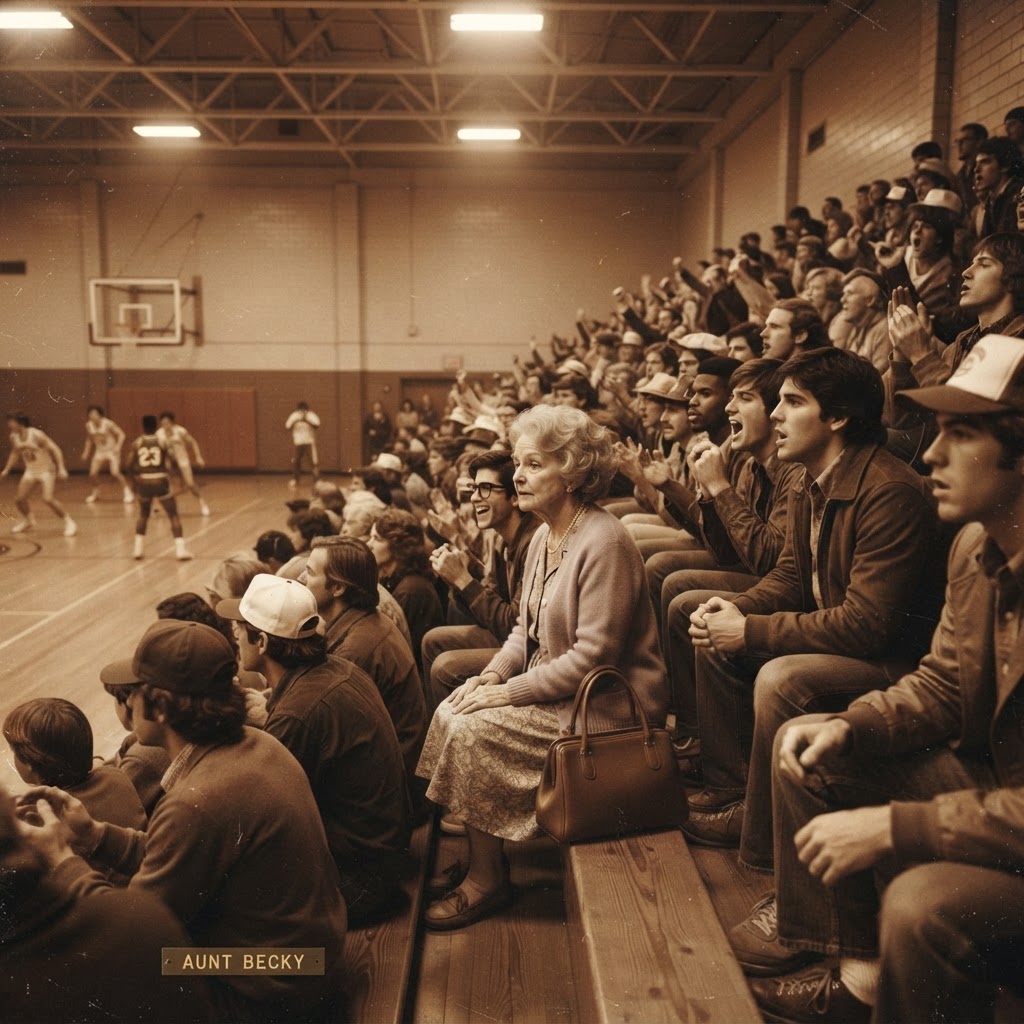 An elderly aunt sitting among fans in the wooden bleachers of an old Indiana gym