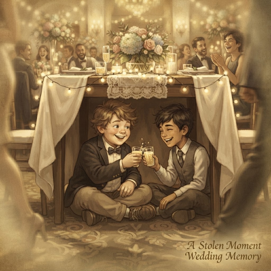 Sepia-toned memory of two boys under a wedding reception table
