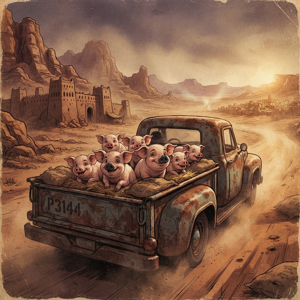 Pig 3144 and his friends imagining themselves riding in the back of a pickup truck toward the Middle East