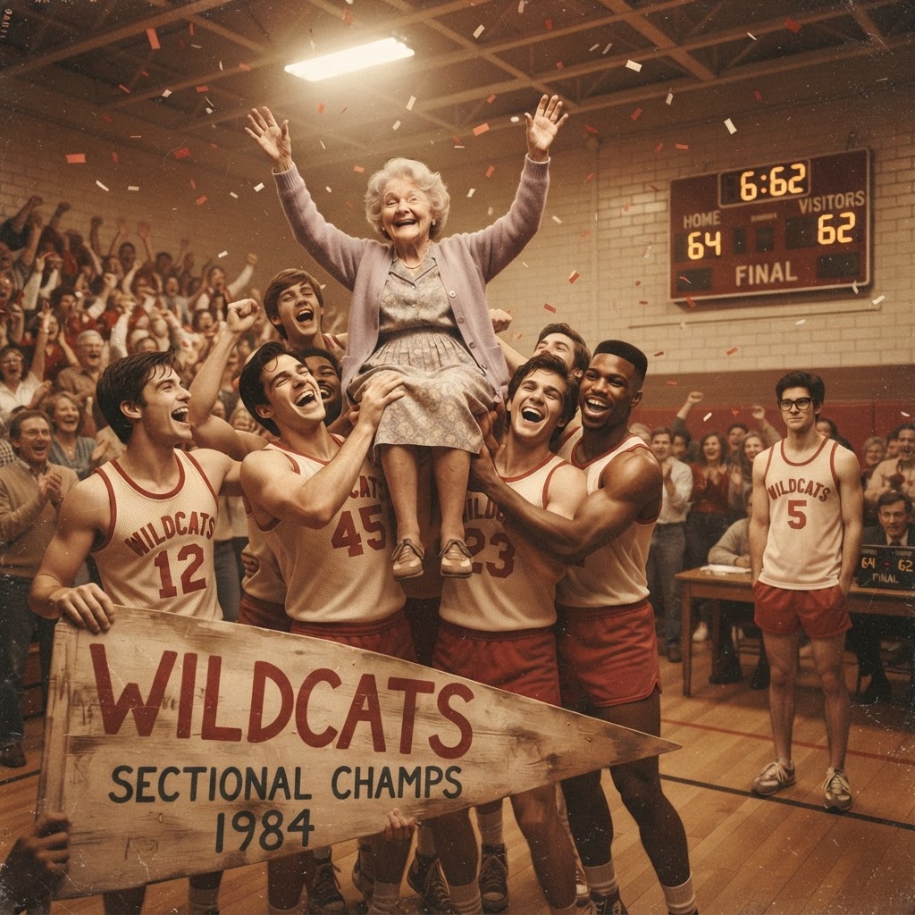 The team hoisting the aunt into the air in celebration while Todd stands with arms crossed in the background