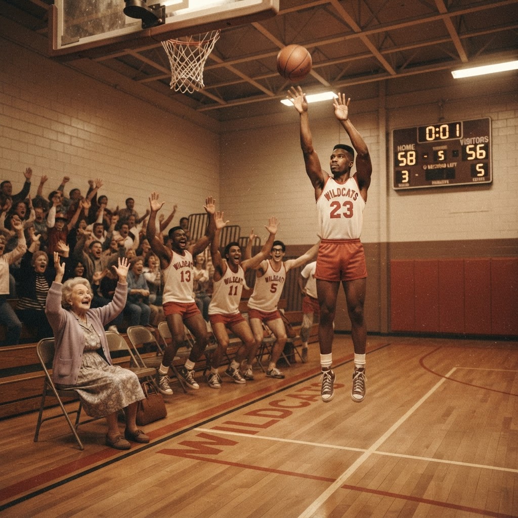 A dramatic buzzer beater shot as the aunt cheers courtside