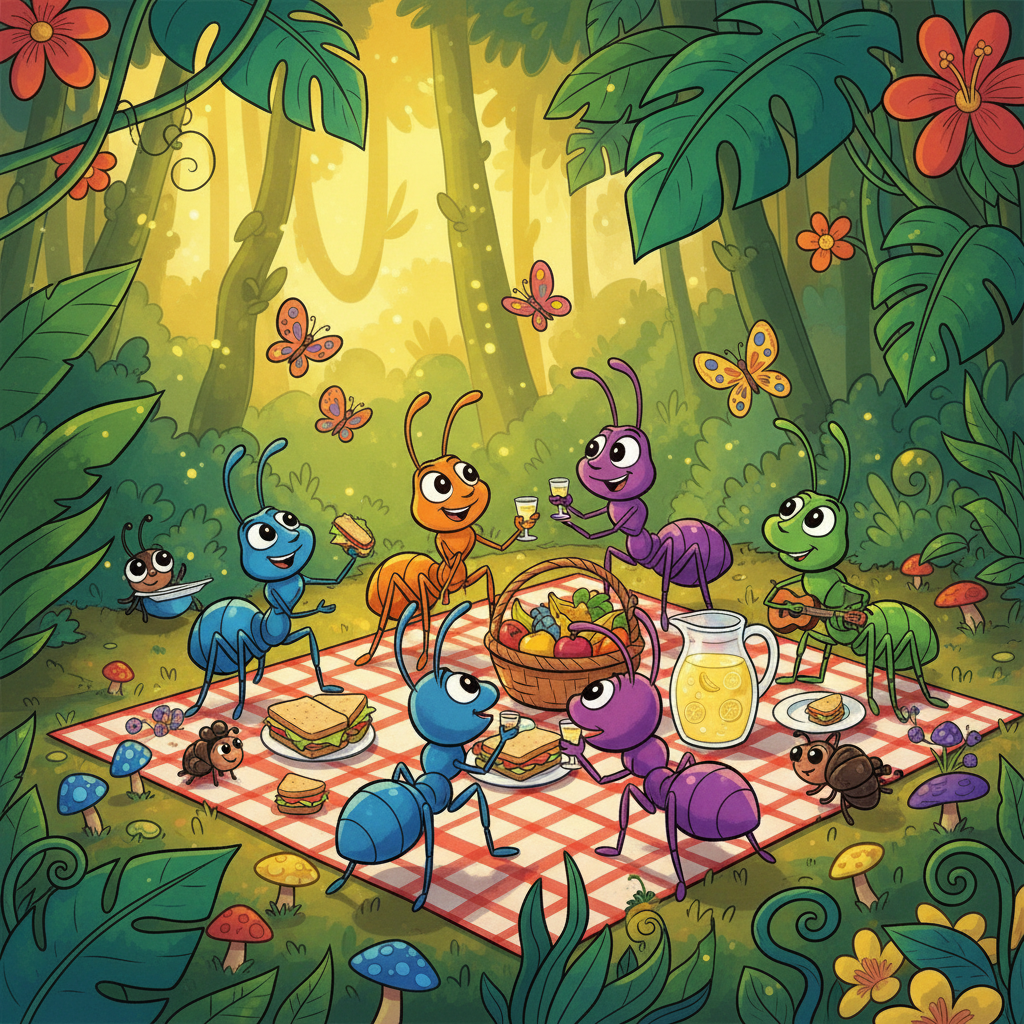 Happy ants having a picnic in the rainforest