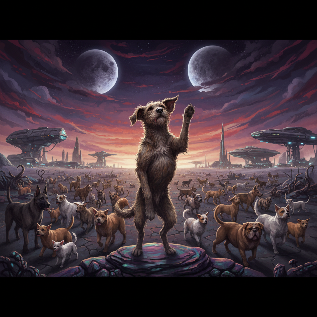 Mutt triumphant on an alien planet full of dogs