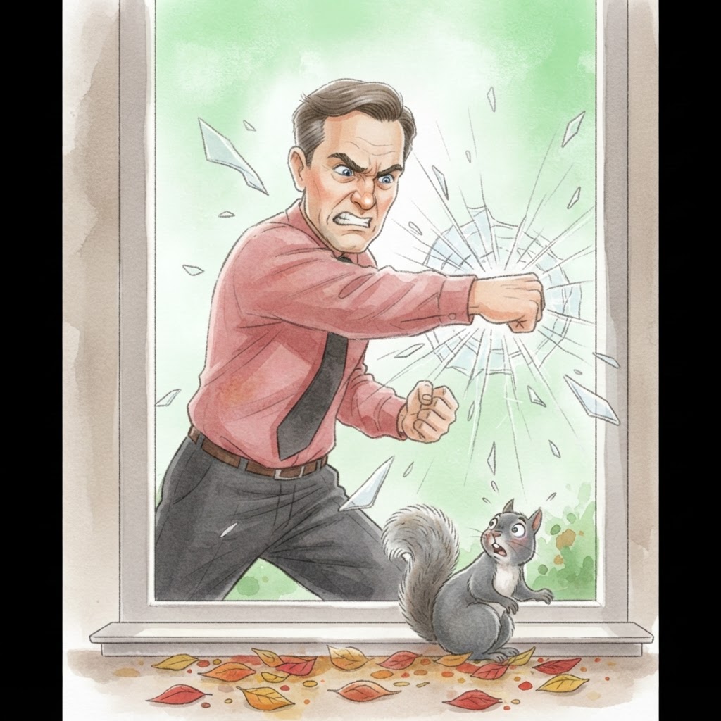 Middle-aged man in pink shirt angrily punching the glass door while squirrel below sits with its back turned ignoring him