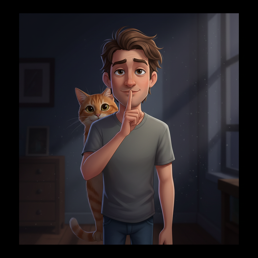 Friendly young owner keeping a secret, tailless cat unaware in shadows