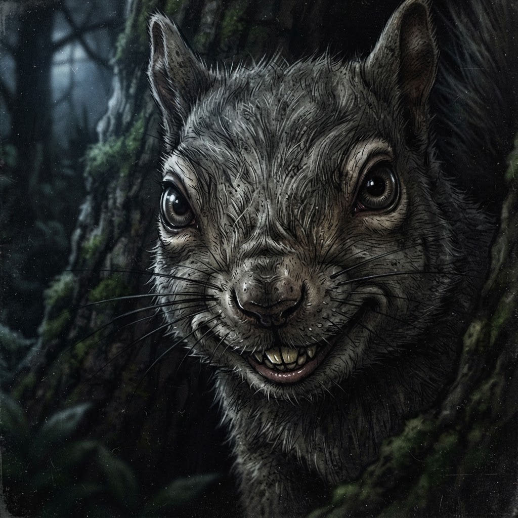 Close-up of a grey squirrel with human-like eyes and a knowing smirk