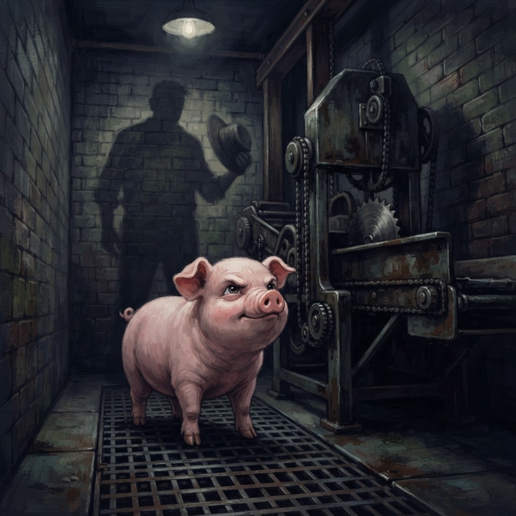 The same pig, matching his opening appearance, now defiant, standing before the slaughter machine with a farmer's shadow looming in the background