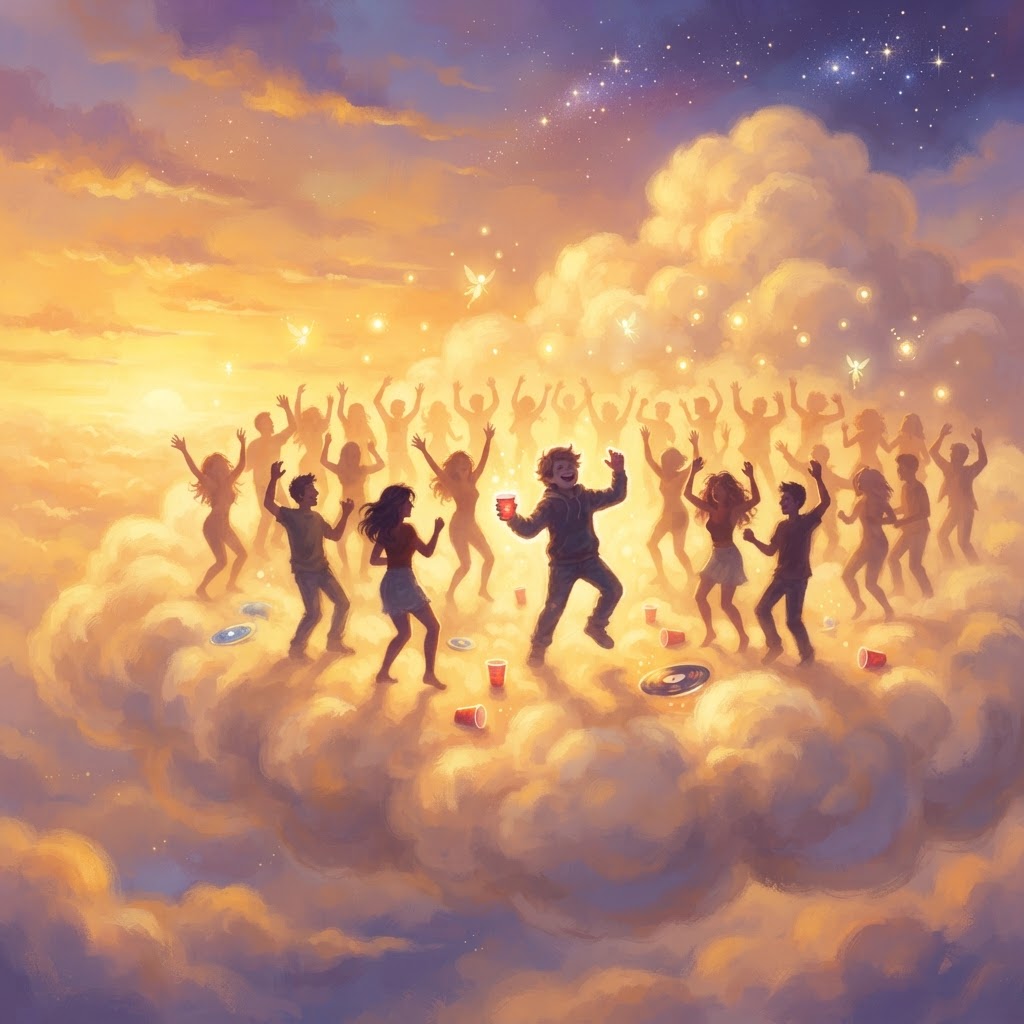A wild party with silhouettes dancing on a distant cloud in a golden sunset sky