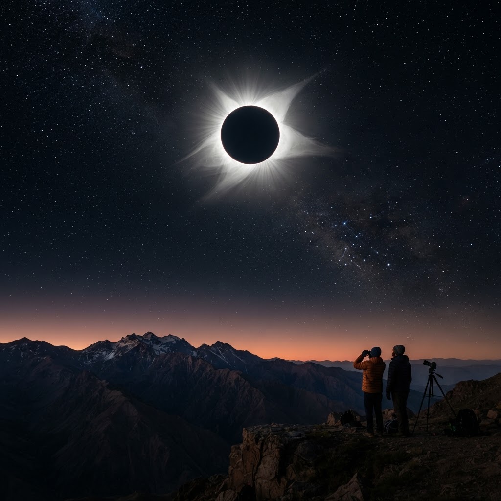 Photograph of a total solar eclipse at totality with a glowing corona ring