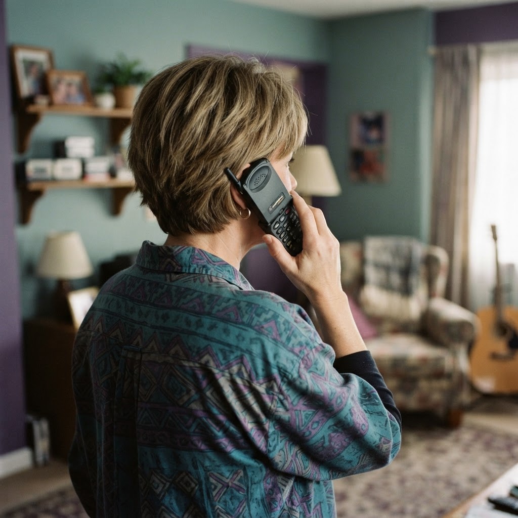 The back of a woman's head as she uses a 1990s flip cell phone held to her ear