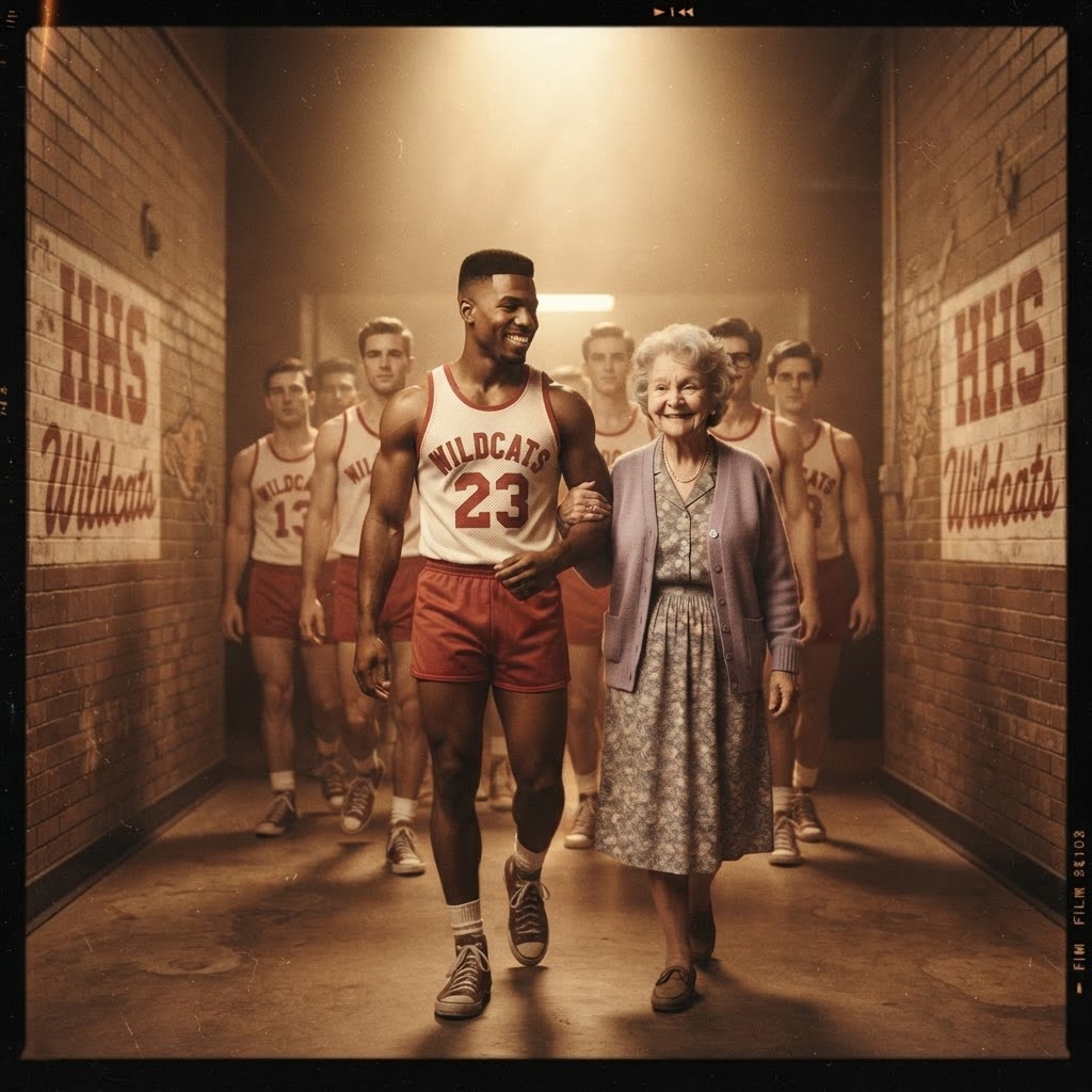 The team captain walking out of the gym tunnel arm in arm with the elderly aunt