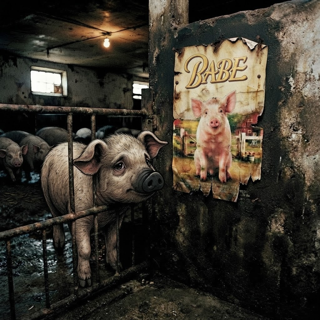 Cute pig with black snout looking at a Babe movie poster pinned to a factory farm wall with sad irony