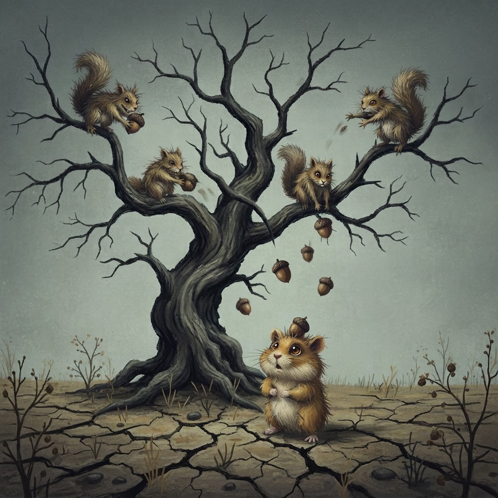 Mangy squirrels in a dead oak tree throwing acorns at a small scruffy golden-brown hamster below