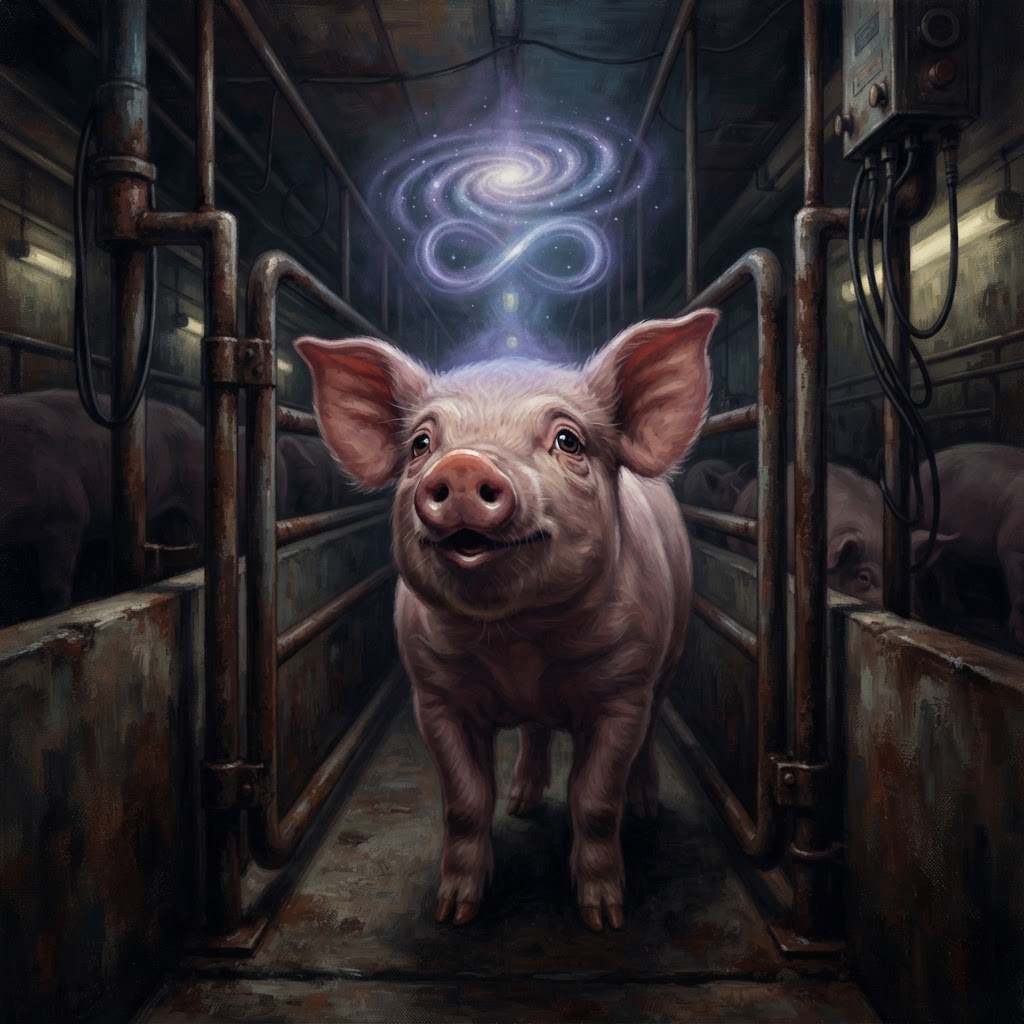 The pig looking up in deep philosophical thought, a glowing infinity symbol above him