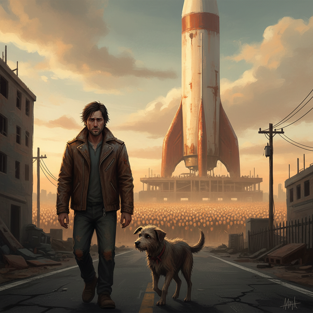 Mutt and Ray walking away from the rocket crowds